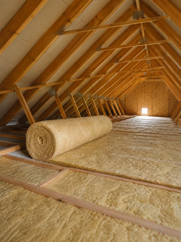 Combles avec charpente en bois : pose d'isolation thermique en laine minérale jaune par déroulé de rouleaux sur le plancher entre solives, rouleau partiellement déplié au premier plan.