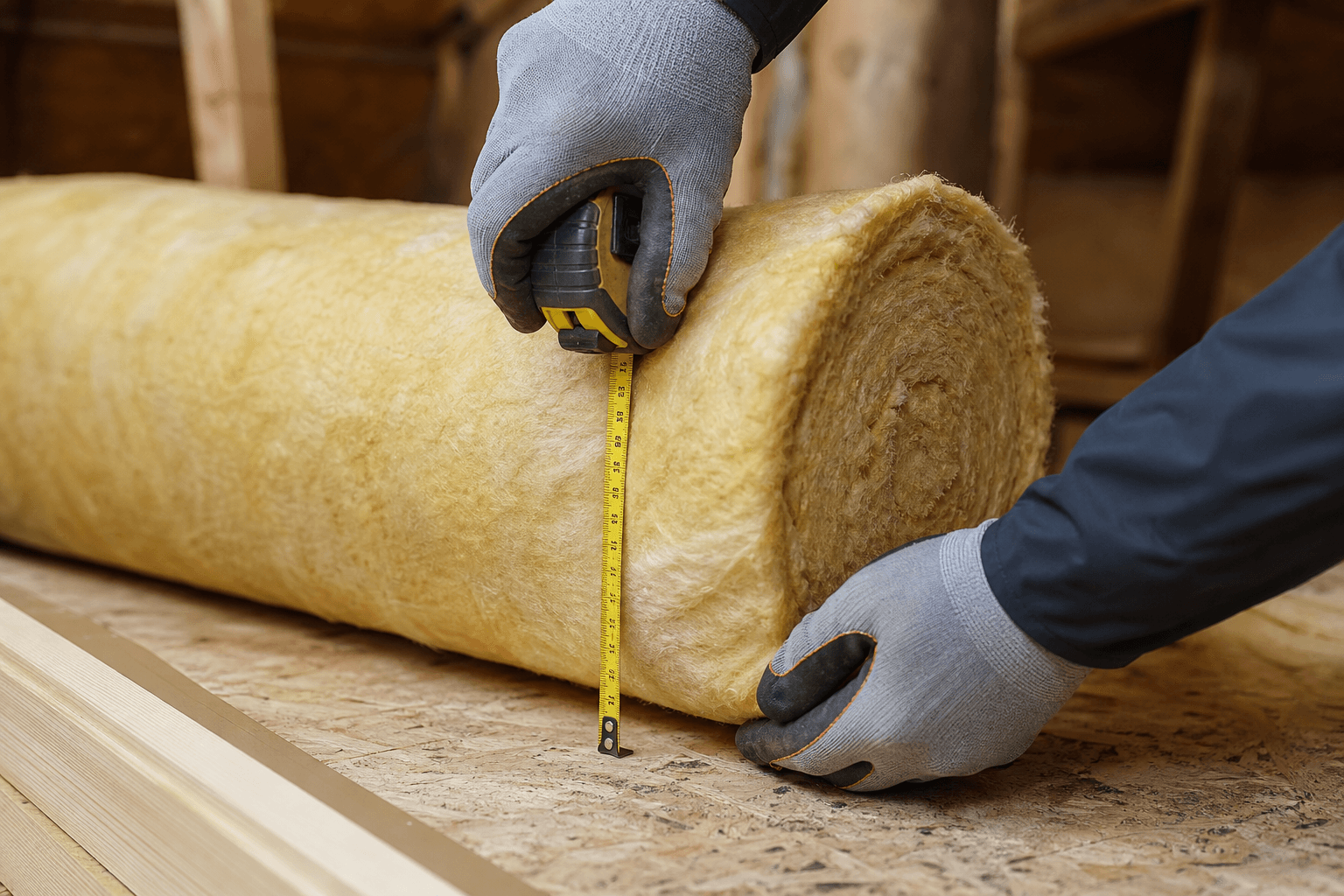 Contrôle de l'épaisseur d'une couche d'isolation en rouleaux sur plancher de combles avec mètre ruban, mains gantées sur chantier.