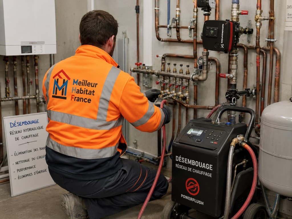 Technicien en veste haute visibilité avec logo Meilleur Habitat de France, agenouillé, réglant des vannes sur un collecteur en cuivre ; équipement mobile de désembouage raccordé par flexibles, chaudière murale et réseau hydraulique en arrière-plan.