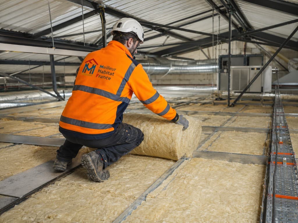 Technicien en tenue de sécurité déroulant de l'isolant minéral dans des combles techniques sous toiture métallique, logo Meilleur Habitat de France sur le dos.