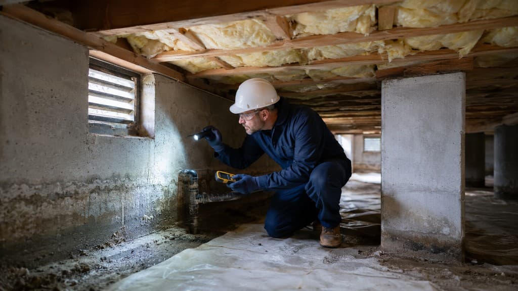 Inspecteur professionnel analysant l'humidité et la ventilation d'un vide sanitaire avec un testeur d'humidité et une lampe torche, isolant entre solives et bâche au sol.